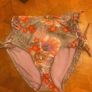High Waisted Flower Print Bikini Bottom Peach, Orange, Green, Purple.